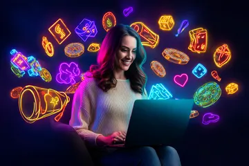 Một người đàn ông ăn mừng trước laptop khi xuất hiện các biểu tượng chiến thắng, ghi lại sự phấn khích của trò chơi trên F8BEF2.